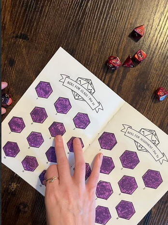 Roll for Scratch - Roll-based character building zine to help you create a Dungeons and Dragons character including species, class, alignment, name, motivation, inventory, emotional baggage, deeply held belief, and quirks!