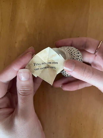 Ariel’s Song from The Tempest by William Shakespeare as a petal-fold from a seashell with coffee stained paper